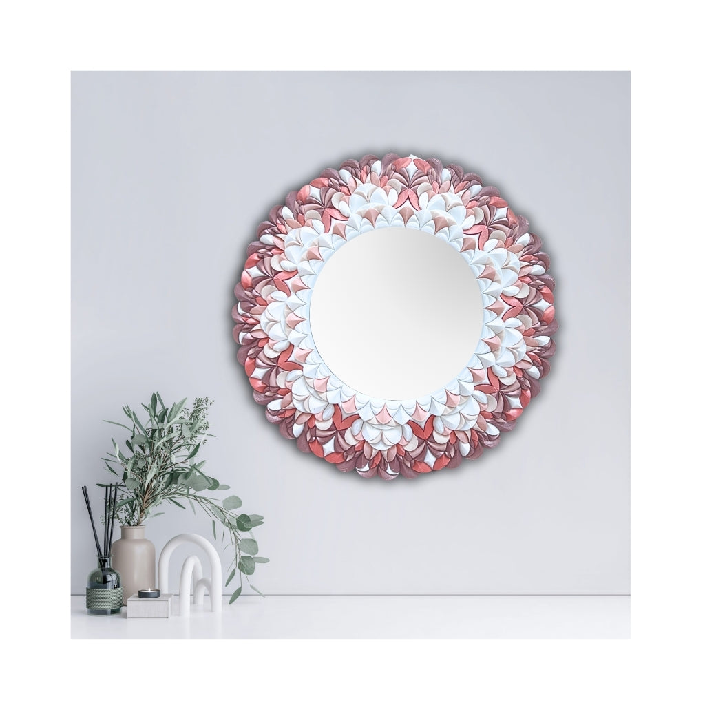 Decorative unique design round mirror with floral pattern pink
