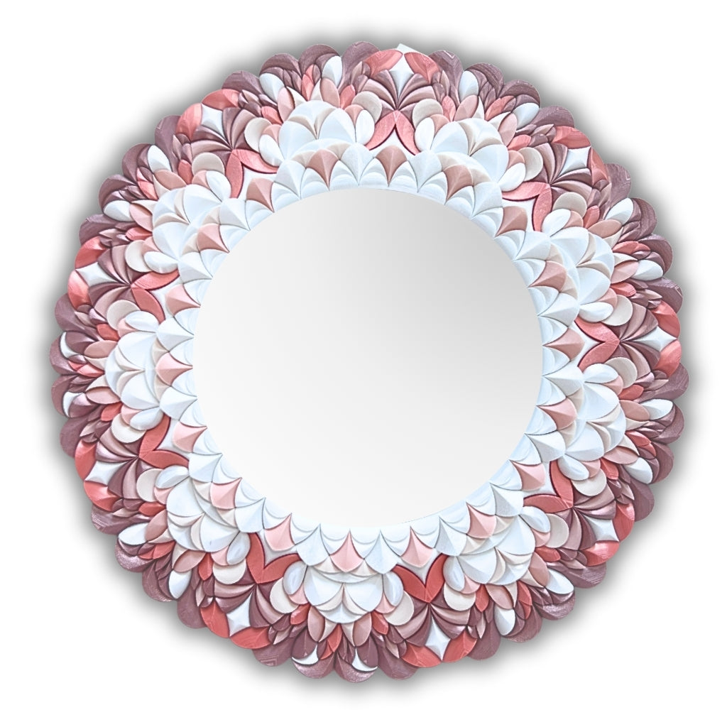Decorative unique design round mirror with floral pattern pink
