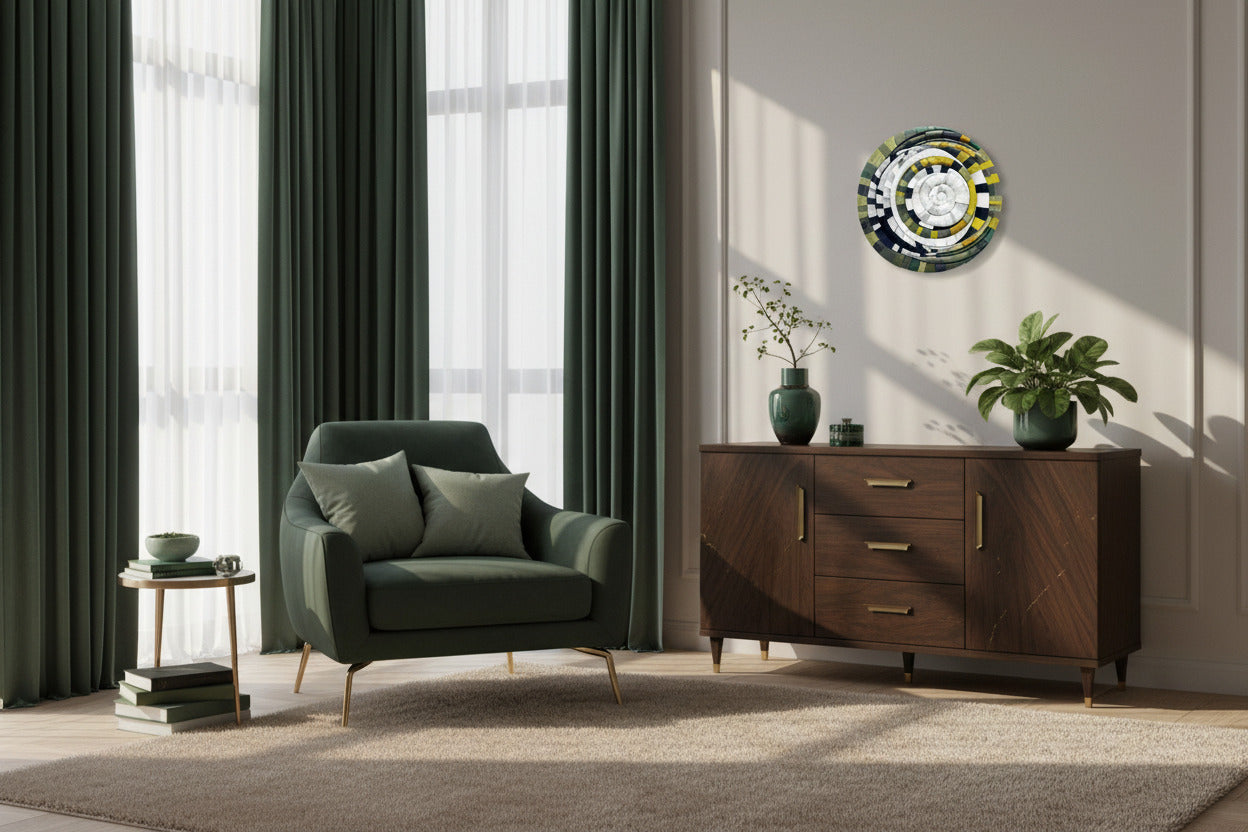 Mosaic Moon Green unique sculptural wall art displayed showing lunar-inspired design