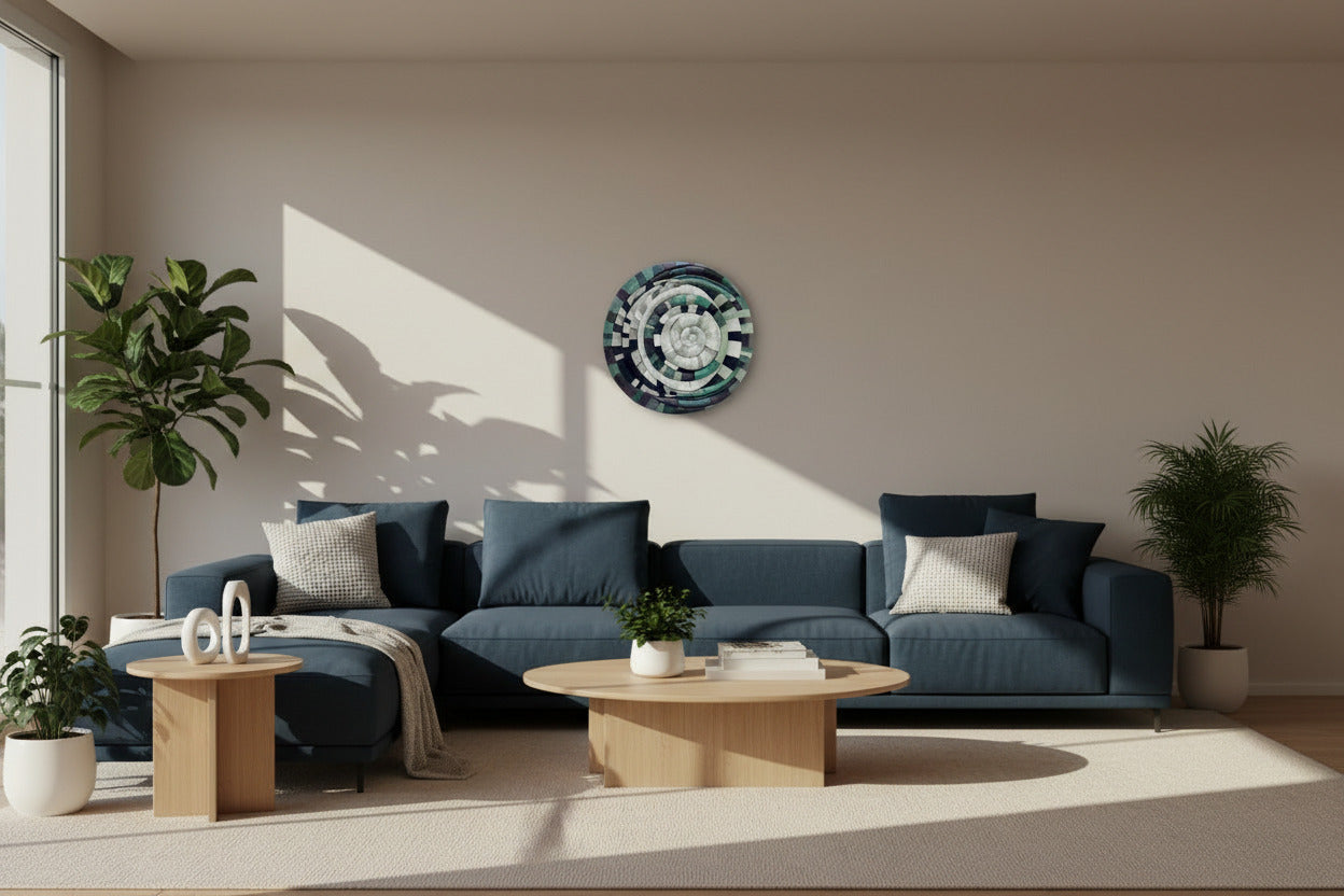 Mosaic Moon Blue unique sculptural wall art displayed showing lunar-inspired design