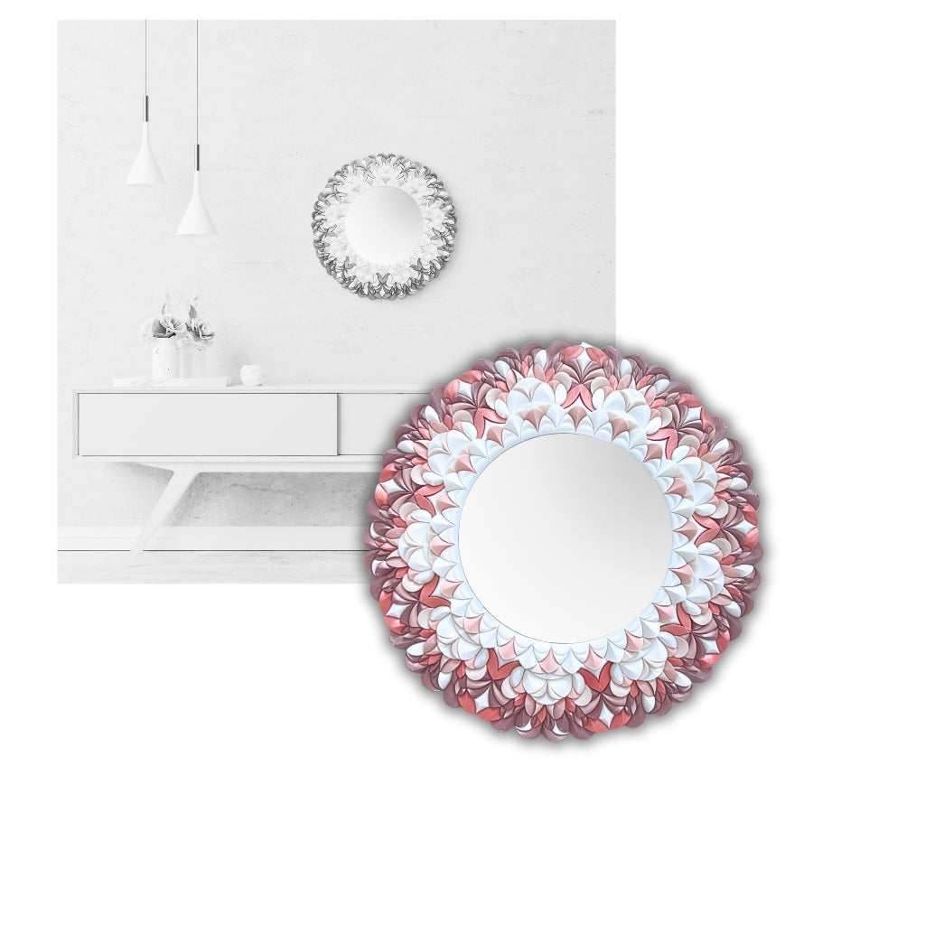 Decorative unique design round mirror with floral pattern pink