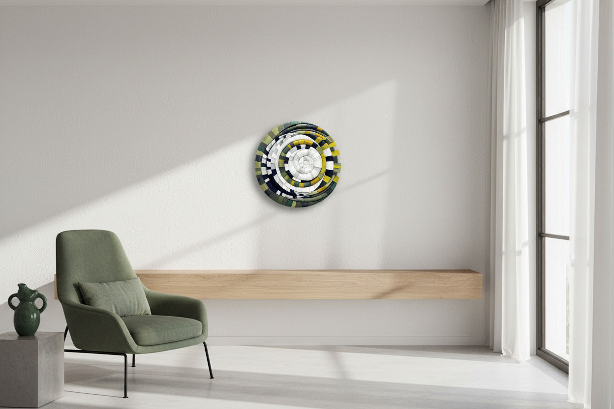 Mosaic Moon Green unique sculptural wall art displayed showing lunar-inspired design