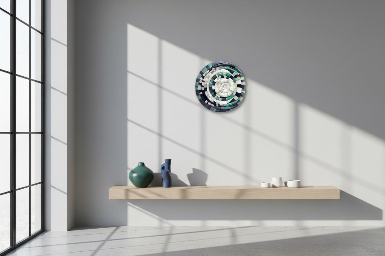 Mosaic Moon Blue unique sculptural wall art displayed showing lunar-inspired design