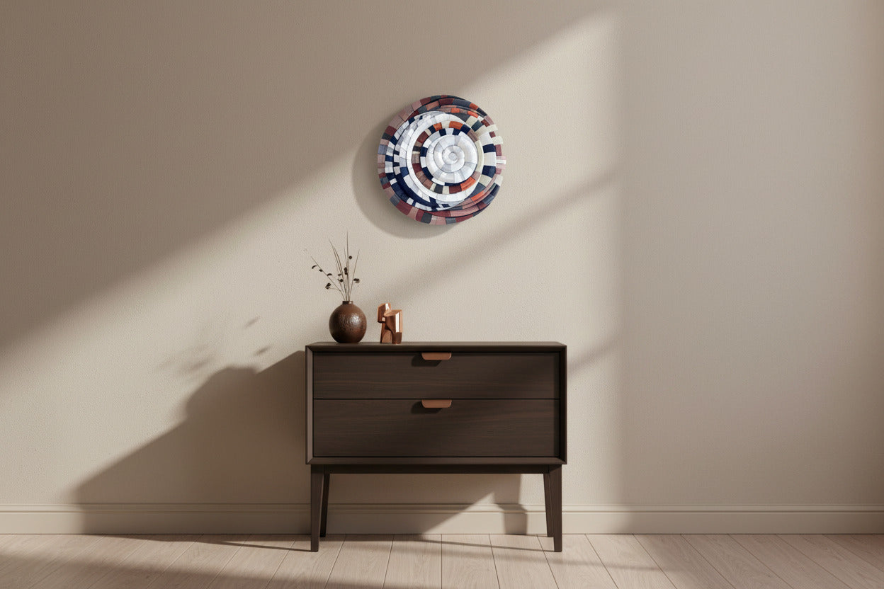 Mosaic Moon Brown unique sculptural wall art displayed showing lunar-inspired design