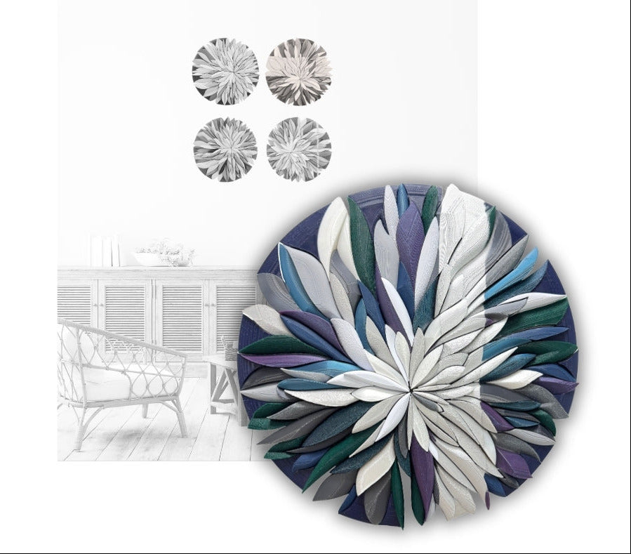 Mosaic Anthemion Blue unique sculptural wall art inspired by chrysanthemum, 26x27cm