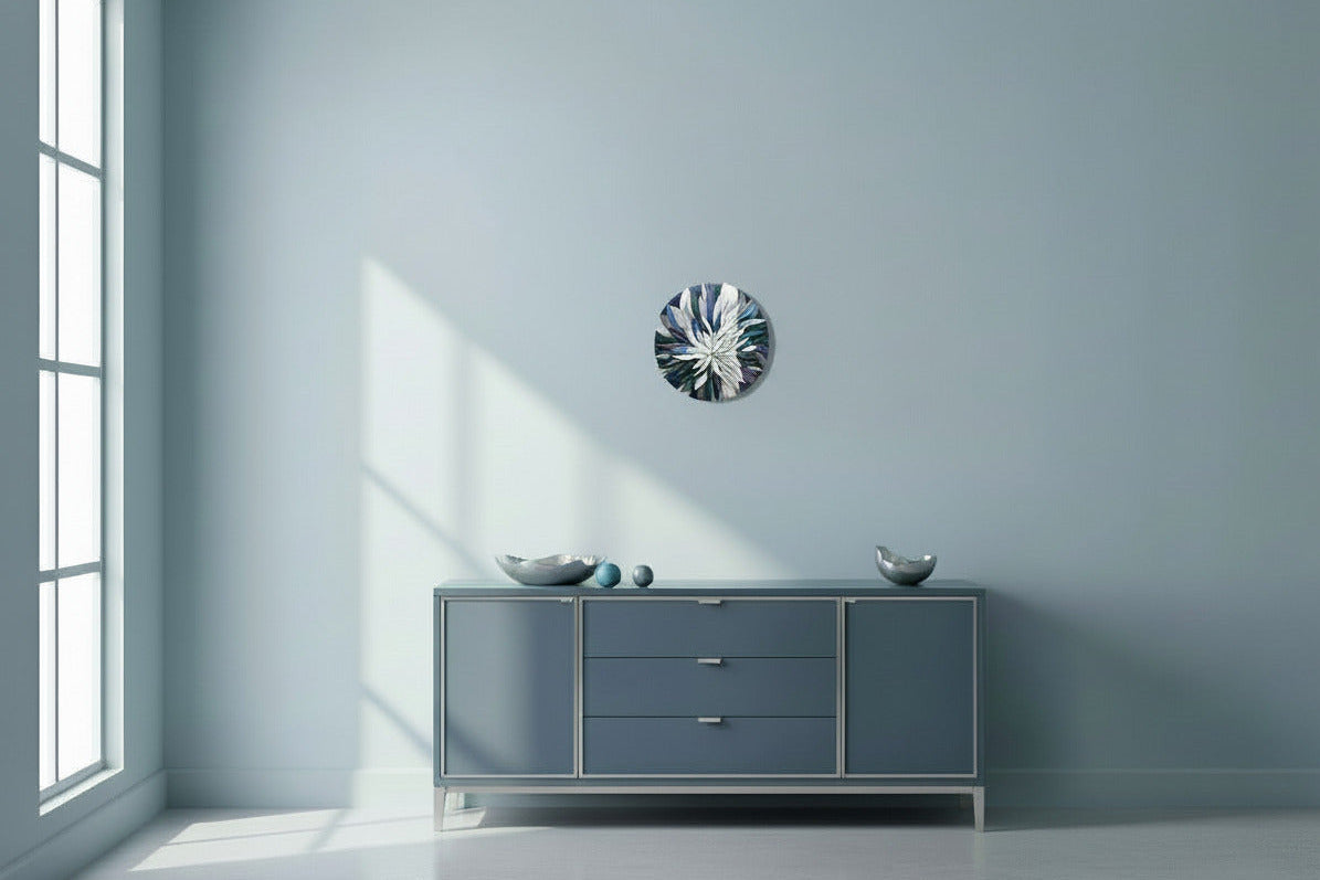 Mosaic Anthemion Blue unique wall art displayed showing floral-inspired design