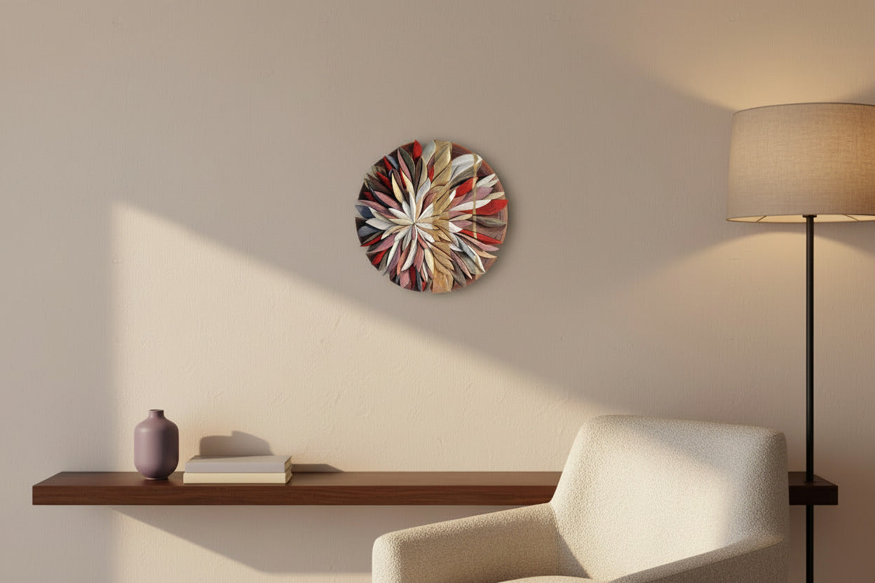 Mosaic Anthemion Red unique wall art displayed showing floral-inspired design