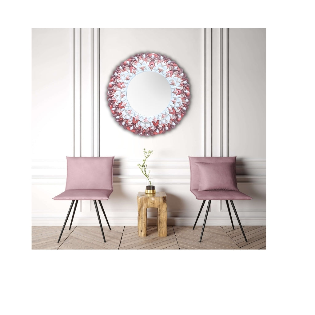 Decorative unique design round mirror with floral pattern pink