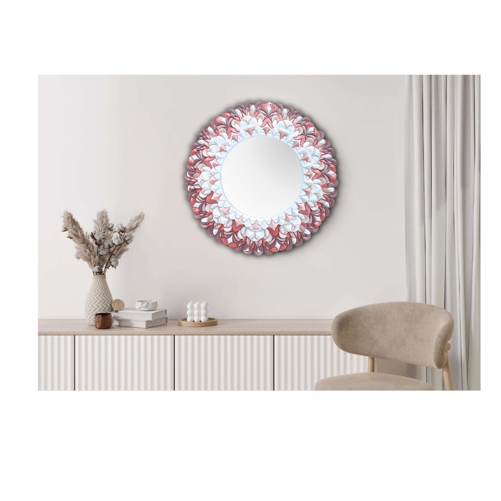 Decorative unique design round mirror with floral pattern pink