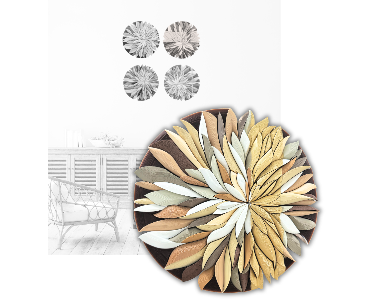 Decorative, Unique & exclusive design wall mosaic with a floral-chrisanthemum design in shades of brown, beige, and gold