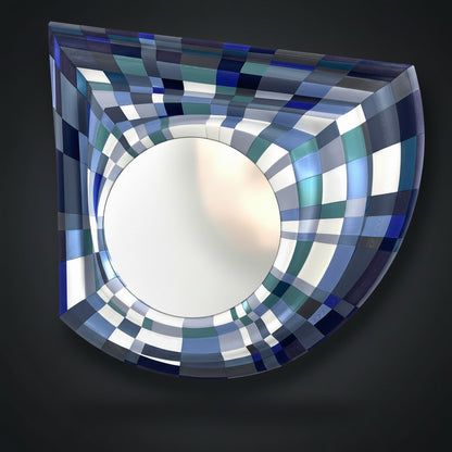 Decorative mirror with a geometric blue and white frame on a white background