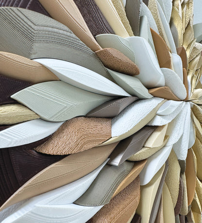 Decorative, Unique & exclusive design wall mosaic with a floral-chrisanthemum design in shades of brown, beige, and gold