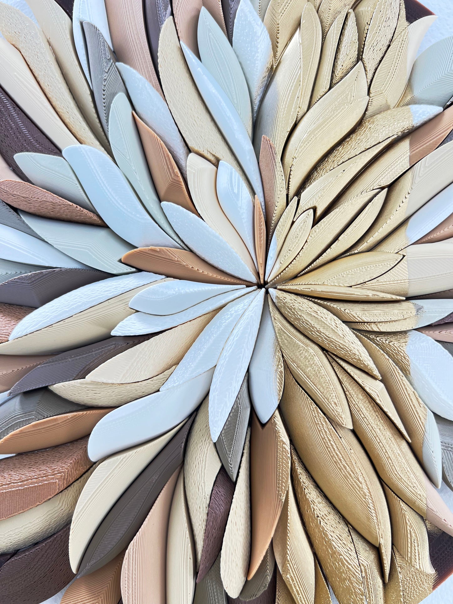 Decorative, Unique & exclusive design wall mosaic with a floral-chrisanthemum design in shades of brown, beige, and gold