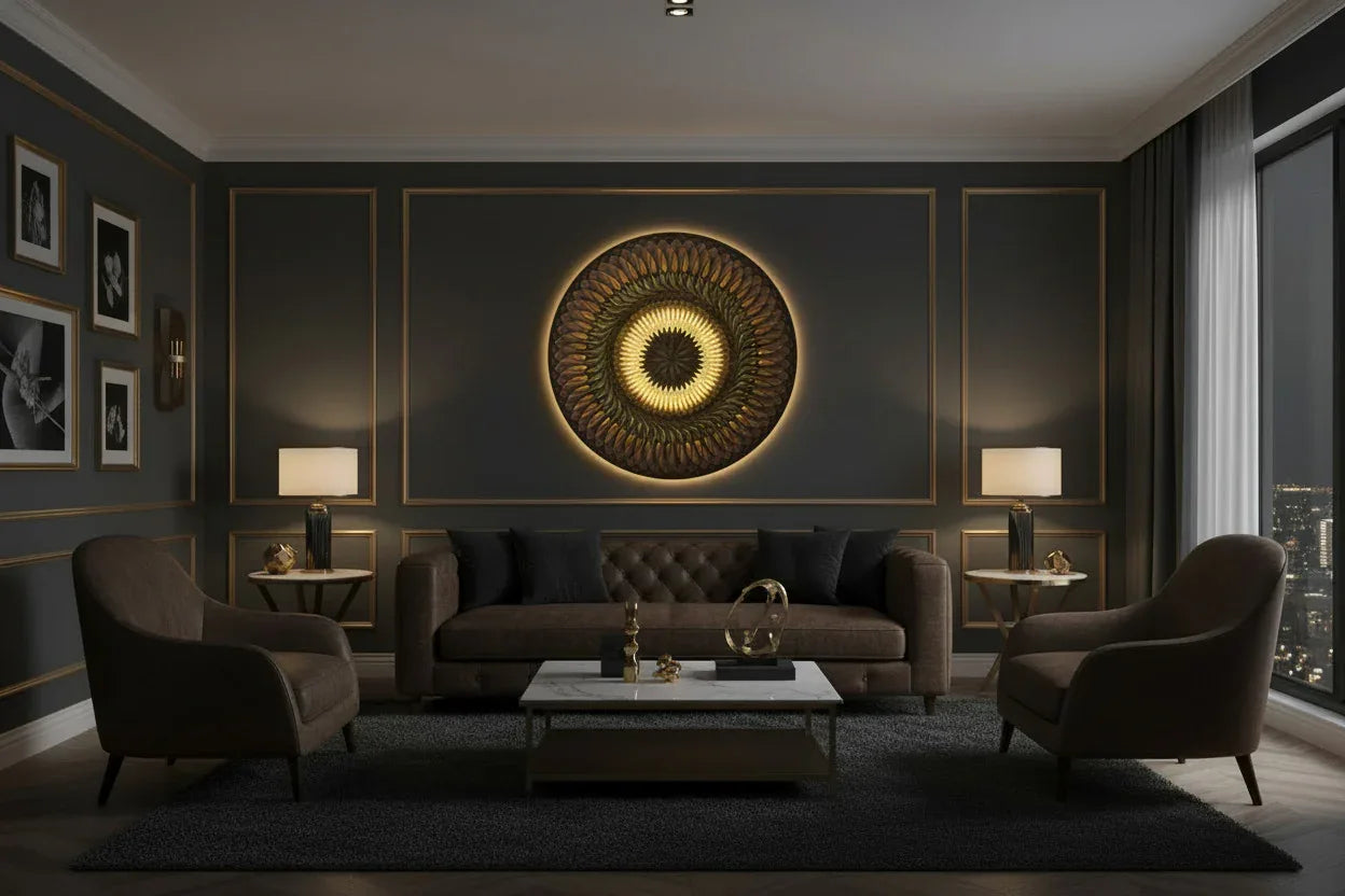 Mosaic Rising Sun luxury living room installation | JOVI Creative 