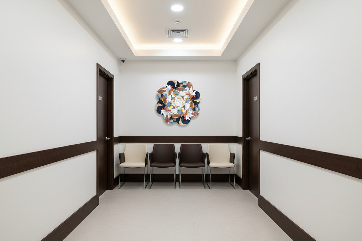 Mosaic Pets unique large-scale wall art displayed showing 110cm playful design; Veterinary clinic space