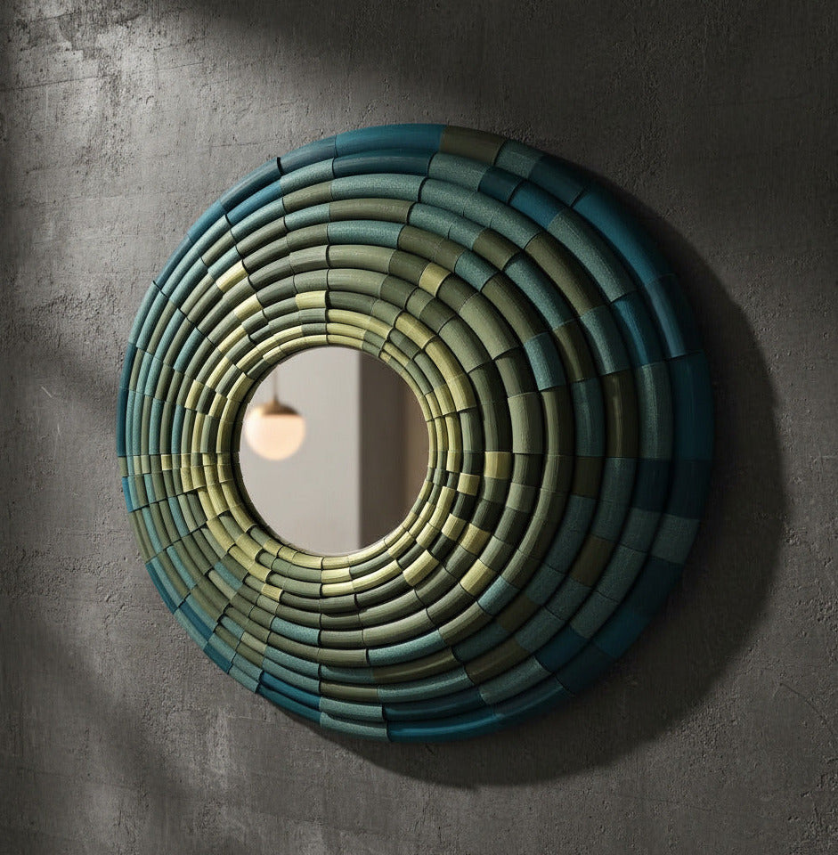 Round mirror with a green bamboo elements