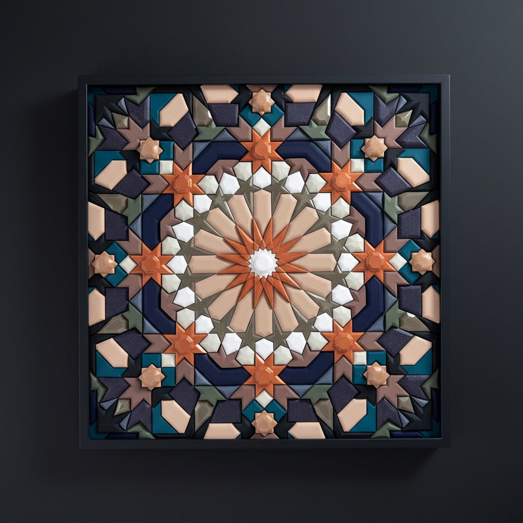 Sculptural mosaic wall art with dark symmetry pattern by JOVI Creative