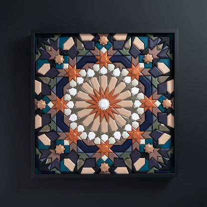 Sculptural mosaic wall art with dark symmetry pattern by JOVI Creative
