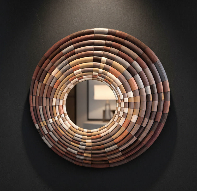 Sculptural mosaic wall mirror with bamboo design in brown by JOVI Creative