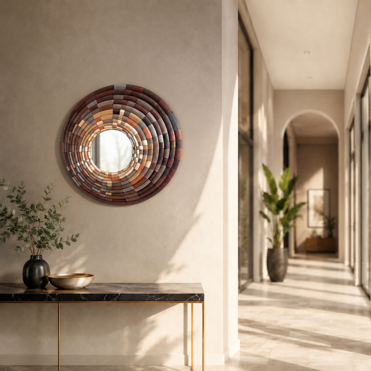 Sculptural mosaic wall mirror with bamboo design in brown by JOVI Creative