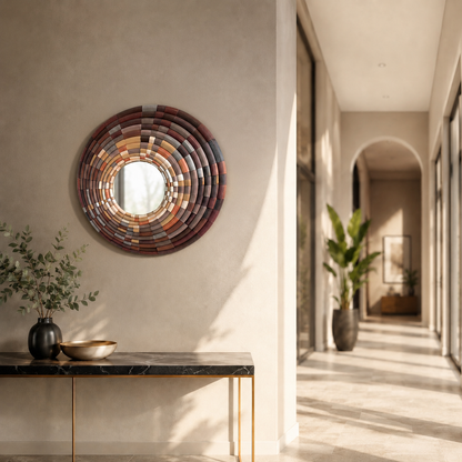 Sculptural mosaic wall mirror with bamboo design in brown by JOVI Creative
