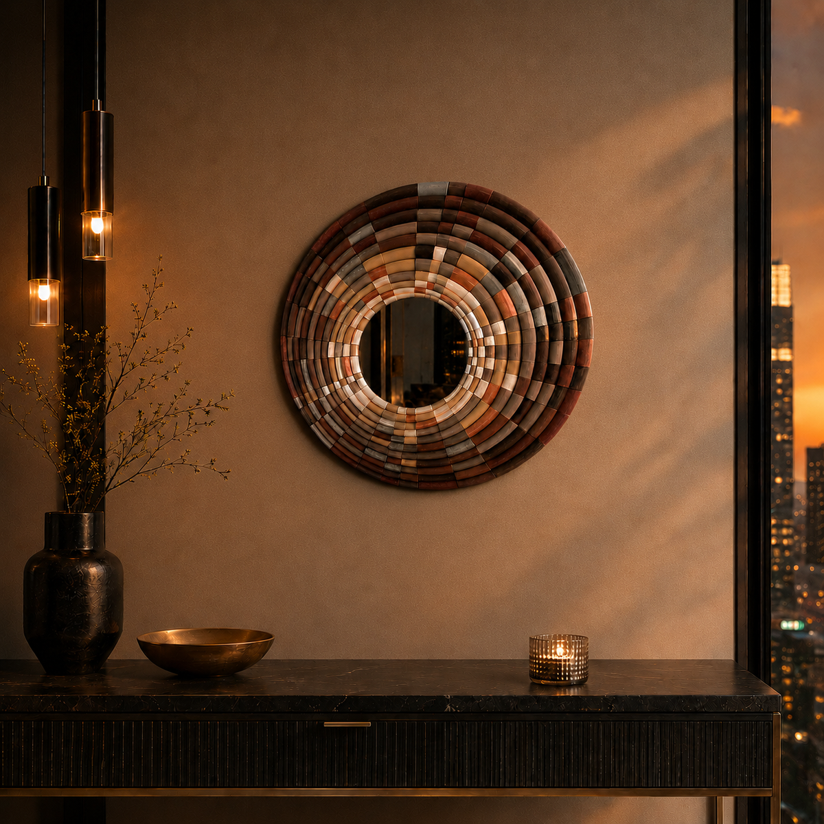 Sculptural mosaic wall mirror with bamboo design in brown interior by JOVI Creative
