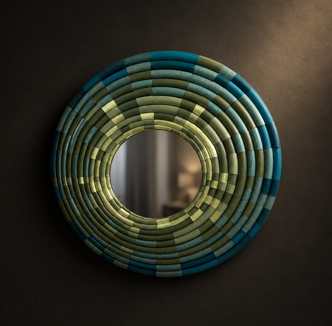 Sculptural mosaic wall mirror with bamboo design in green by JOVI Creative