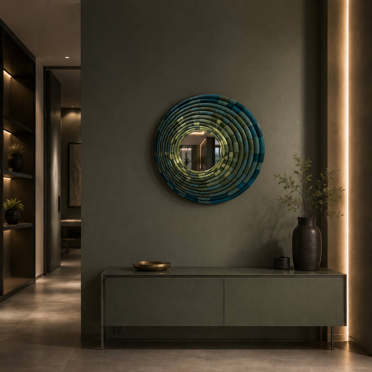 Sculptural mosaic wall mirror with bamboo design in green interior  by JOVI Creative