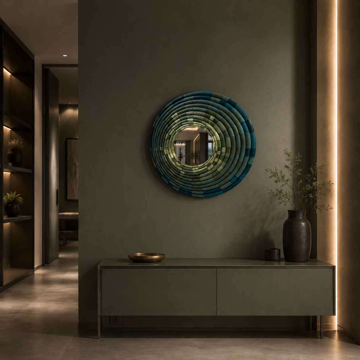 Sculptural mosaic wall mirror with bamboo design in green interior  by JOVI Creative