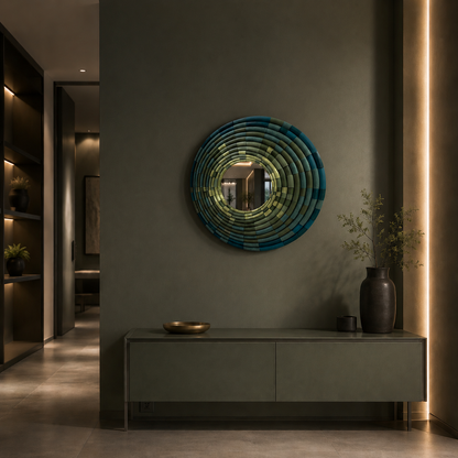 Sculptural mosaic wall mirror with bamboo design in green interior  by JOVI Creative