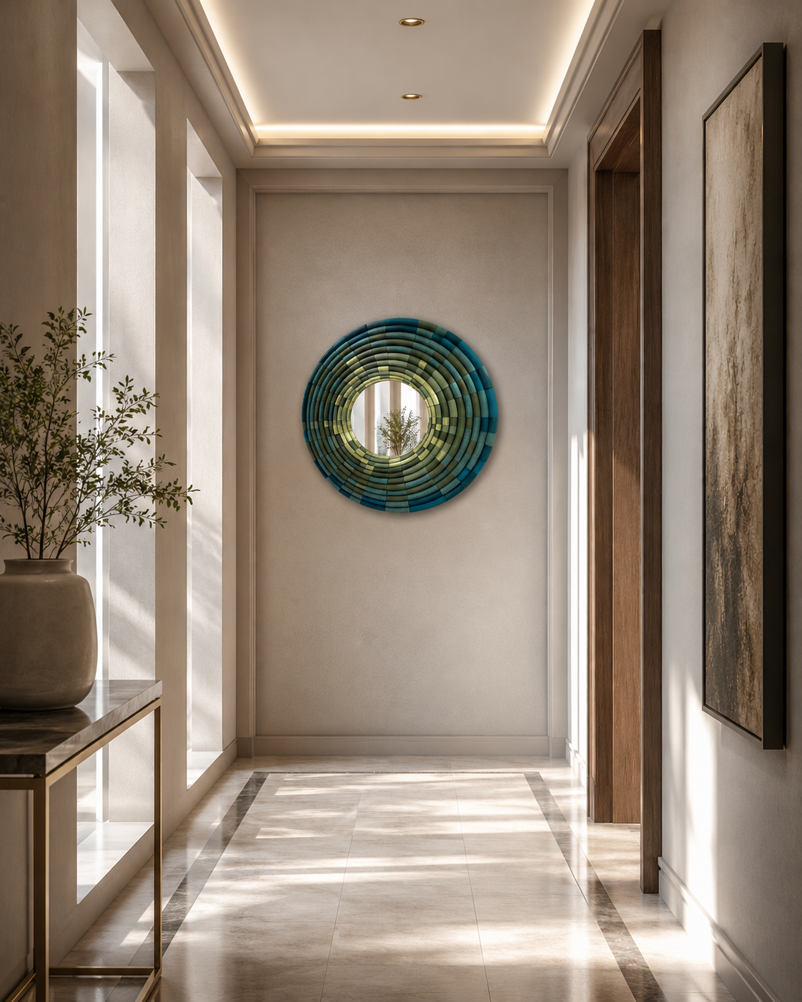 Sculptural mosaic wall mirror with bamboo design in green life scene by JOVI Creative