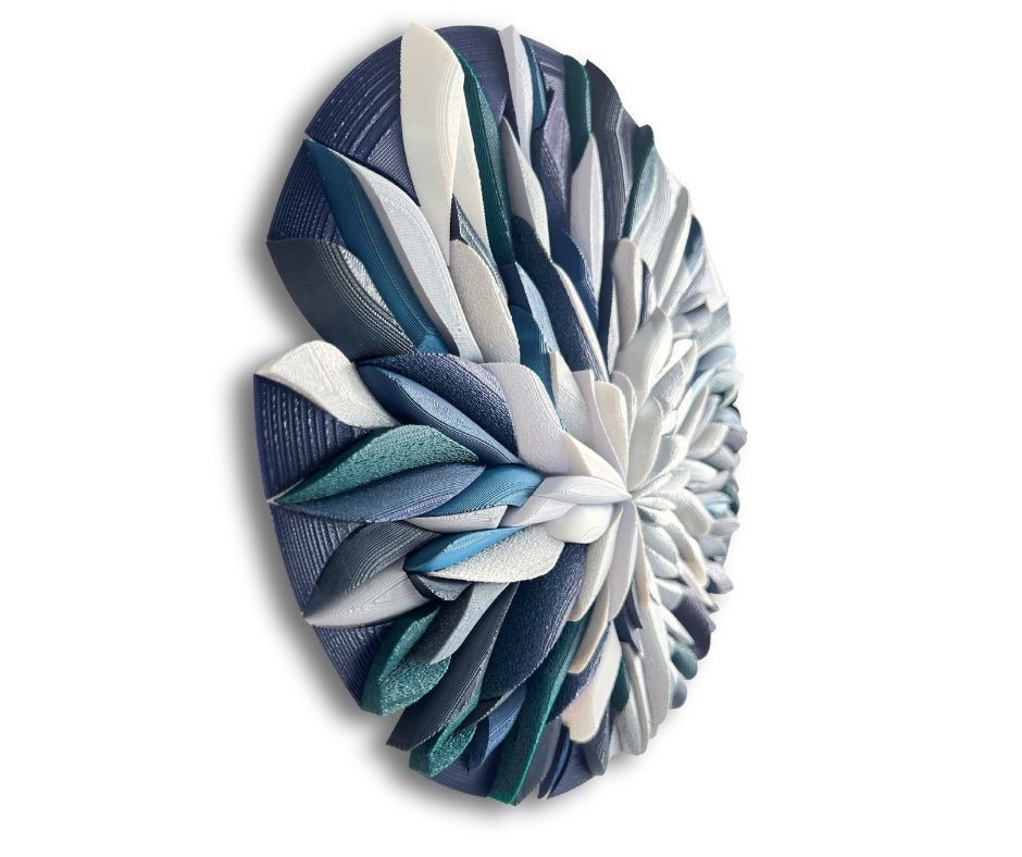 Chrysanthemum-inspired pattern detail on Mosaic Anthemion Blue unique handcrafted mosaic