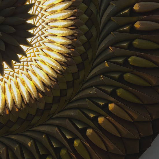 Mosaic Rising Sun unique luxury wall art with integrated LED light, gold tones, 120x120cm | JOVI Creative