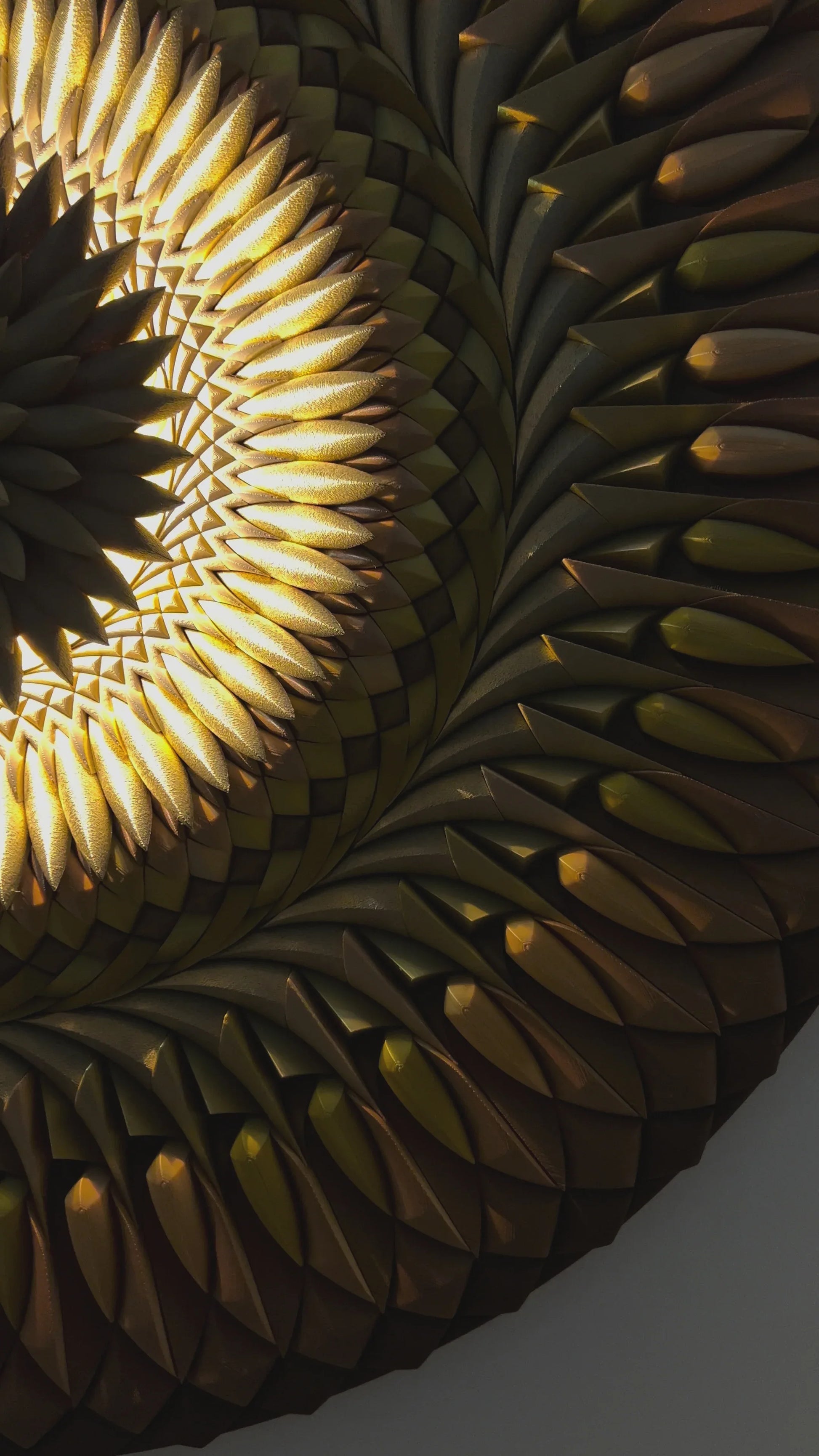 Mosaic Rising Sun unique luxury wall art with integrated LED light, gold tones, 120x120cm | JOVI Creative