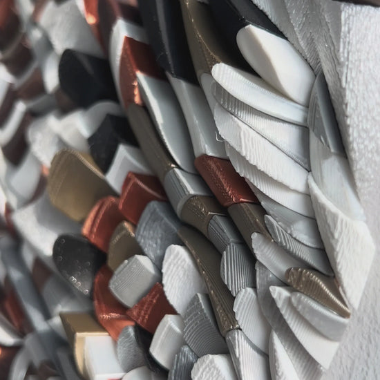 Mosaic Eagle's Feather sculptural wall art with brown, copper, and silver tones, 28x27cm, unique design