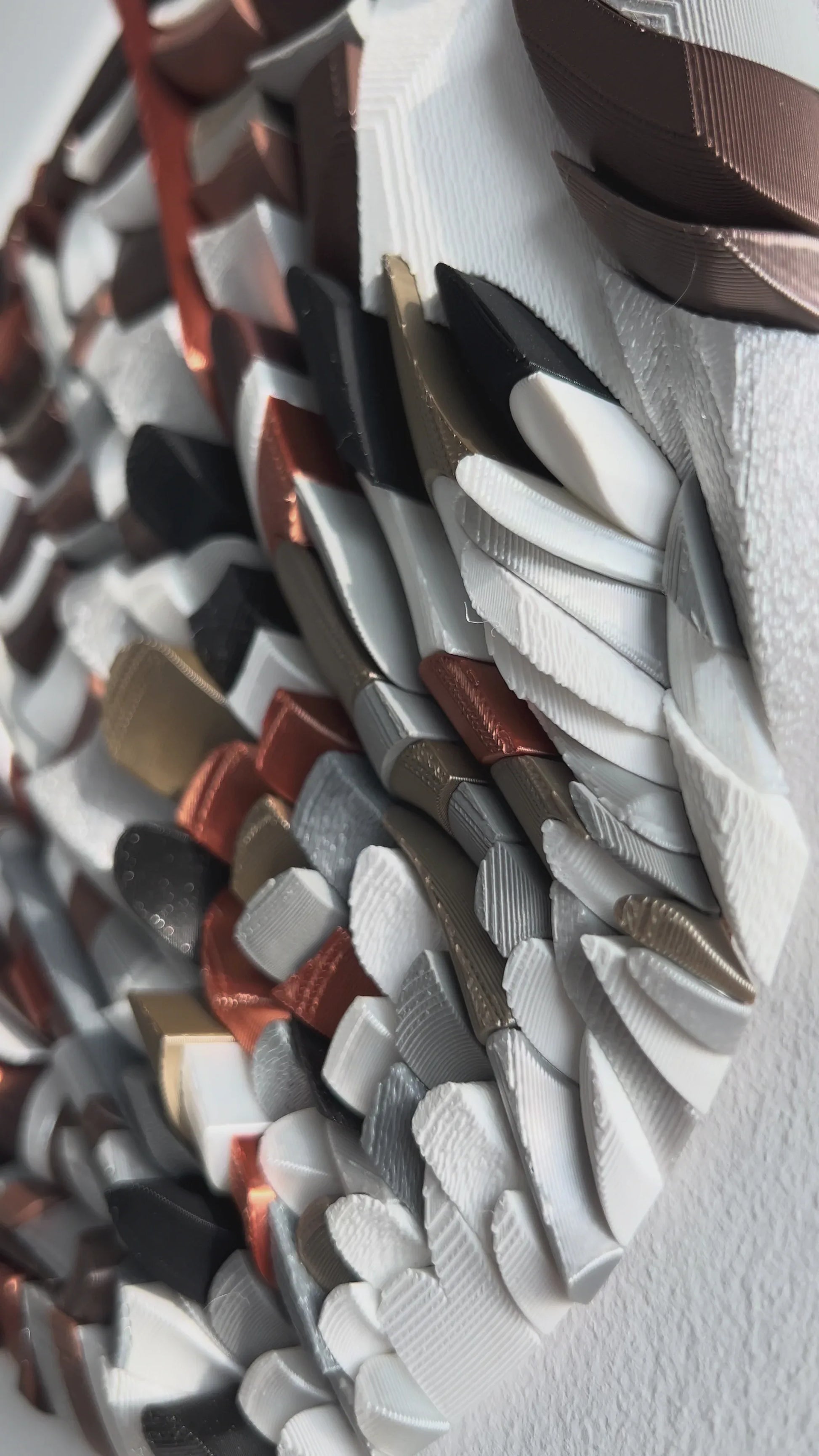 Mosaic Eagle's Feather sculptural wall art with brown, copper, and silver tones, 28x27cm, unique design